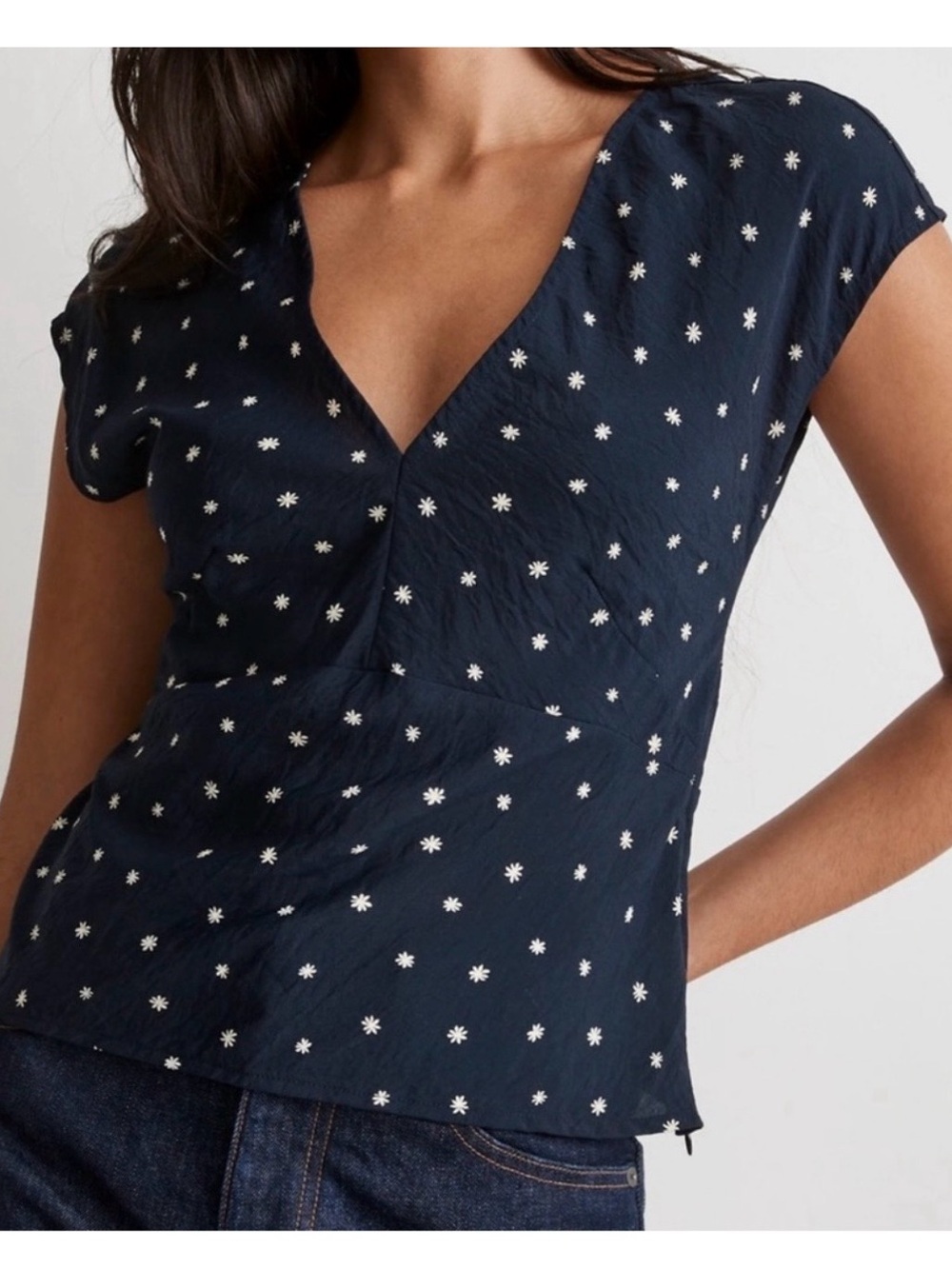 Madewell Navy V-Neck Daisy Print Cap Short Sleeve Blouse Ditsy Floral Elevated